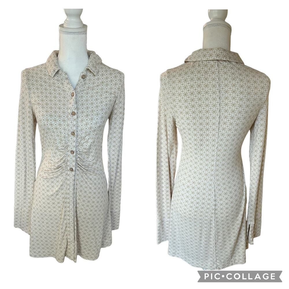 Free People Shayla Mini Dress Tan Size Medium Boho Indie Ruched Long Sleeve